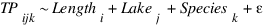 {TP_ijk} ∼ {Length_i} + {Lake_j} + {Species_k} + {ε}