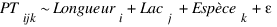 {PT_ijk} ∼ {Longueur_i} + {Lac_j} + {Espèce_k} + {ε}